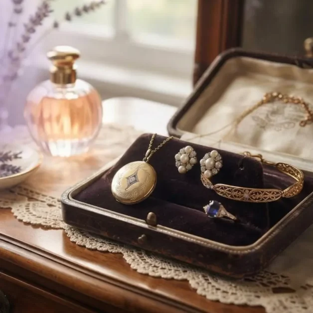 Antique gold locket, pearl cluster earrings, filigree bracelet, and sapphire ring in a vintage velvet jewelry box on a wooden vanity