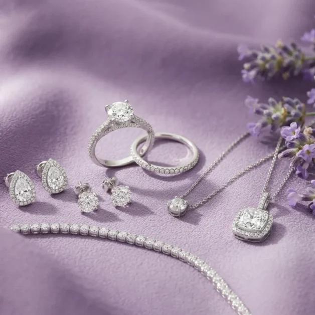 Collection of lab diamond fiancée jewelry gifts featuring solitaire and halo pendant necklaces, pear-cut halo stud earrings, round stud earrings, a tennis bracelet, and pave engagement ring set