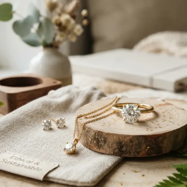 Sustainable lab-grown diamond gift set featuring a round solitaire engagement ring, pendant necklace, and stud earrings on eco-friendly packaging