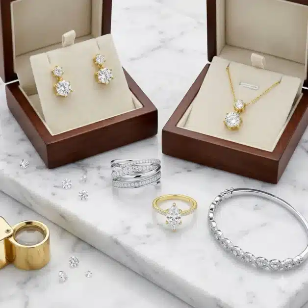 Display of fine jewelry gifts for newlyweds featuring drop earrings, a pendant necklace in wooden boxes, a white gold pave ring, marquise solitaire ring, and diamond bangle on white marble